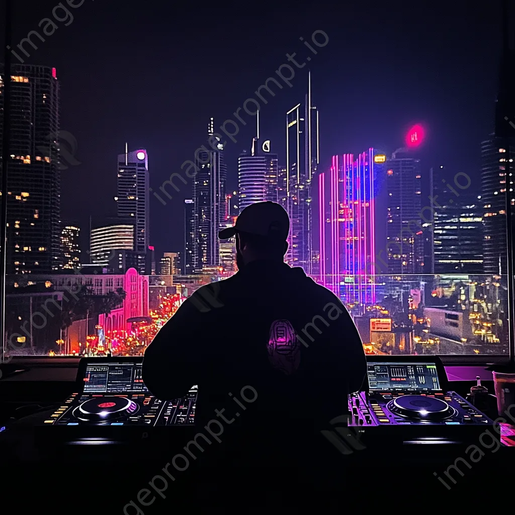 DJ performing at a rooftop party with city skyline backdrop. - Image 3