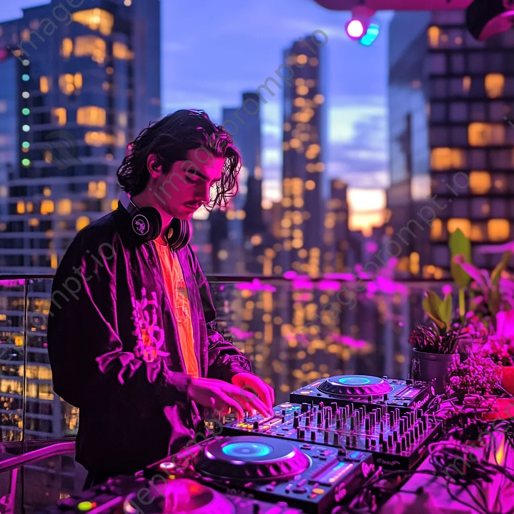 DJ performing at a rooftop party with city skyline backdrop. - Image 4