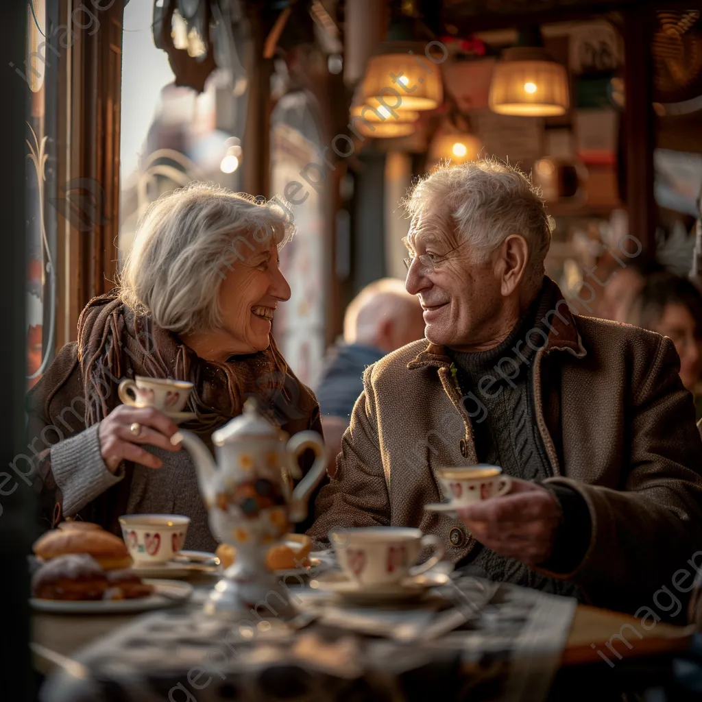 A retired couple enjoying tea and pastries in a cozy, vintage café. - Image 1