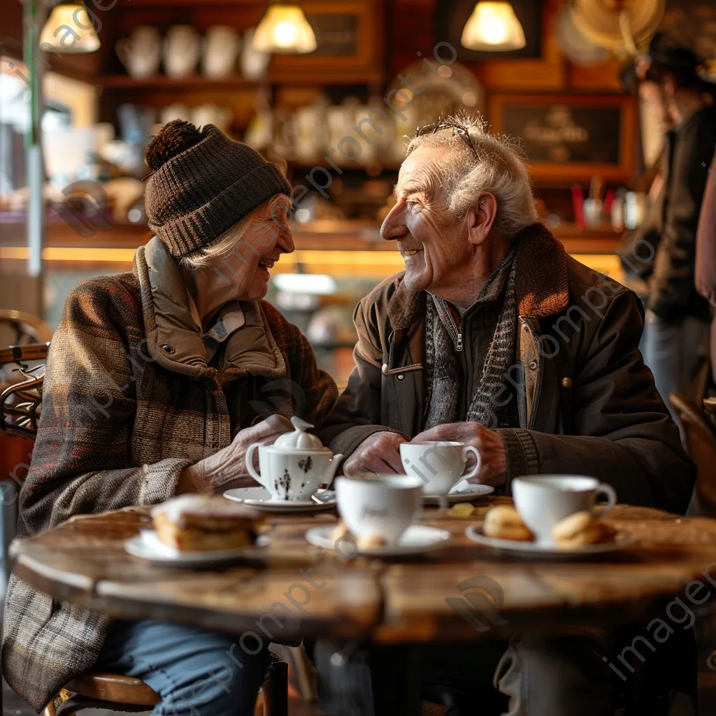 A retired couple enjoying tea and pastries in a cozy, vintage café. - Image 2