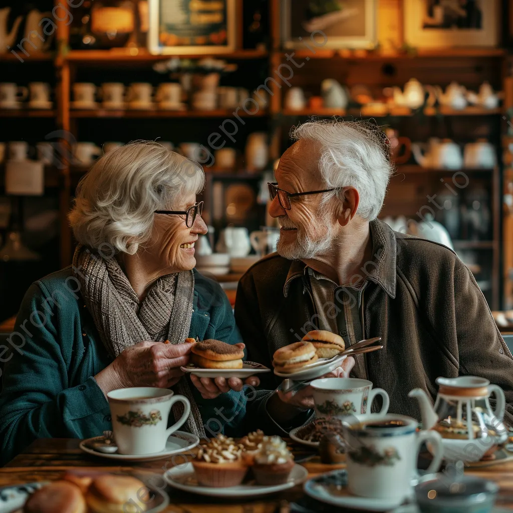 A retired couple enjoying tea and pastries in a cozy, vintage café. - Image 3