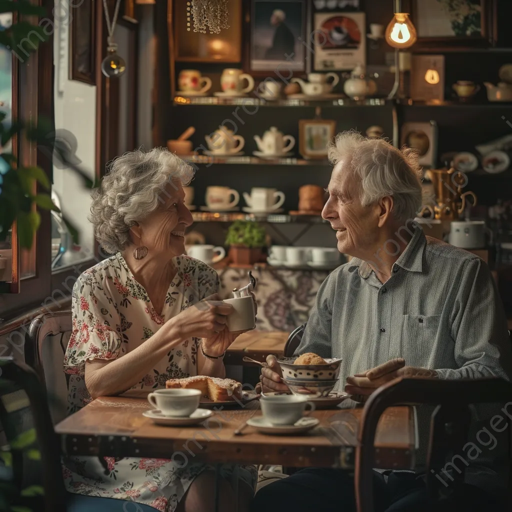 A retired couple enjoying tea and pastries in a cozy, vintage café. - Image 4