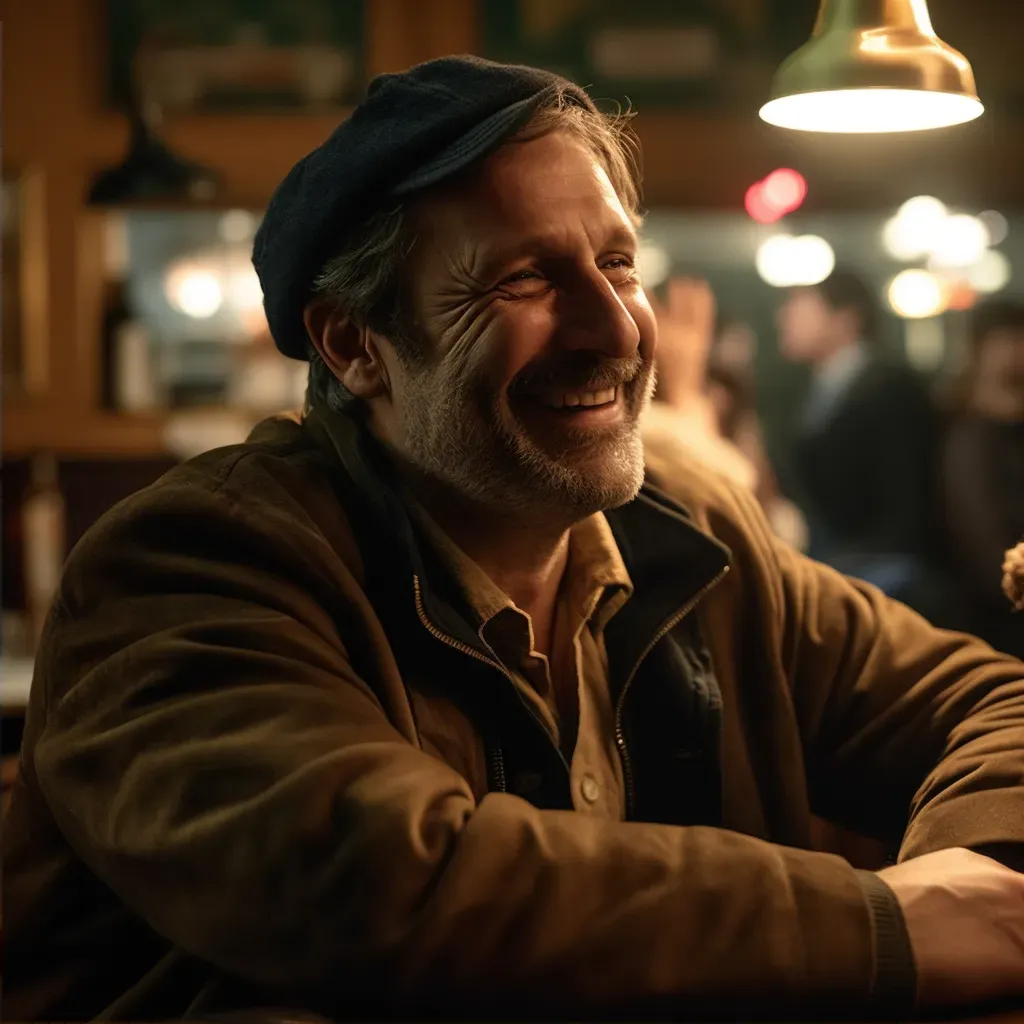 Middle-aged man with a potbelly laughing in a pub under warm lighting - Image 2