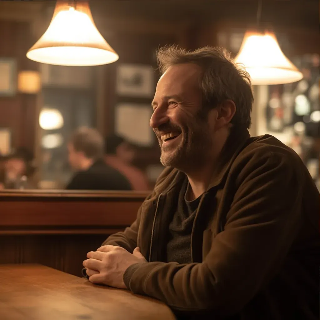 Middle-aged man with a potbelly laughing in a pub under warm lighting - Image 3