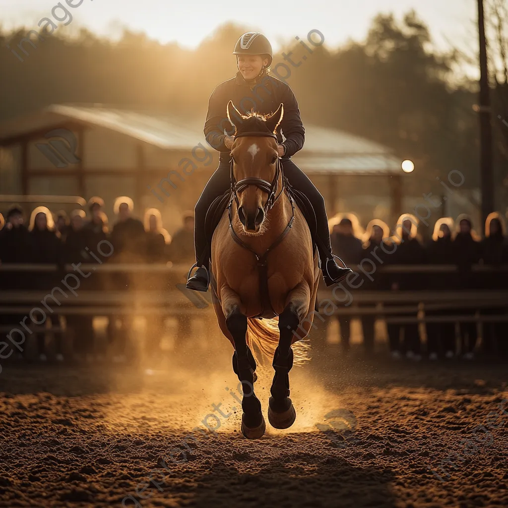 Trainer demonstrating jumping exercises in an equestrian arena. - Image 1