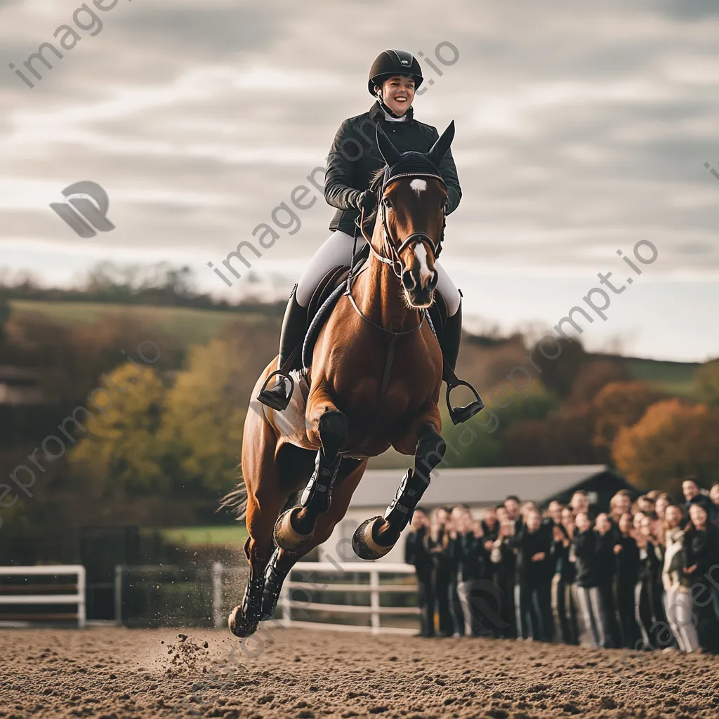 Trainer demonstrating jumping exercises in an equestrian arena. - Image 2