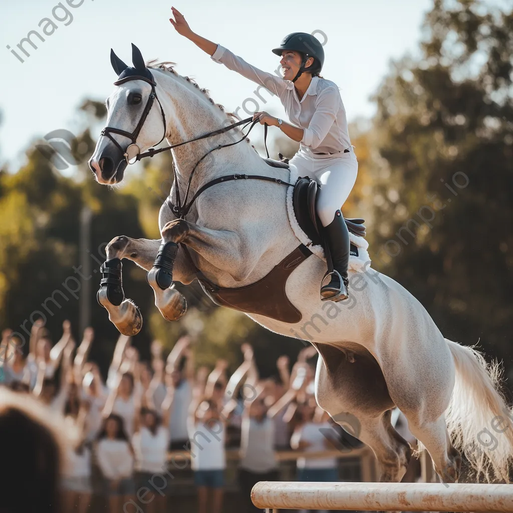 Trainer demonstrating jumping exercises in an equestrian arena. - Image 3