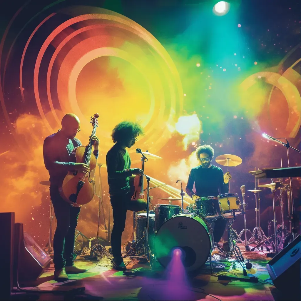 Image of a cartoon band performing on stage with visual sound waves - Image 1