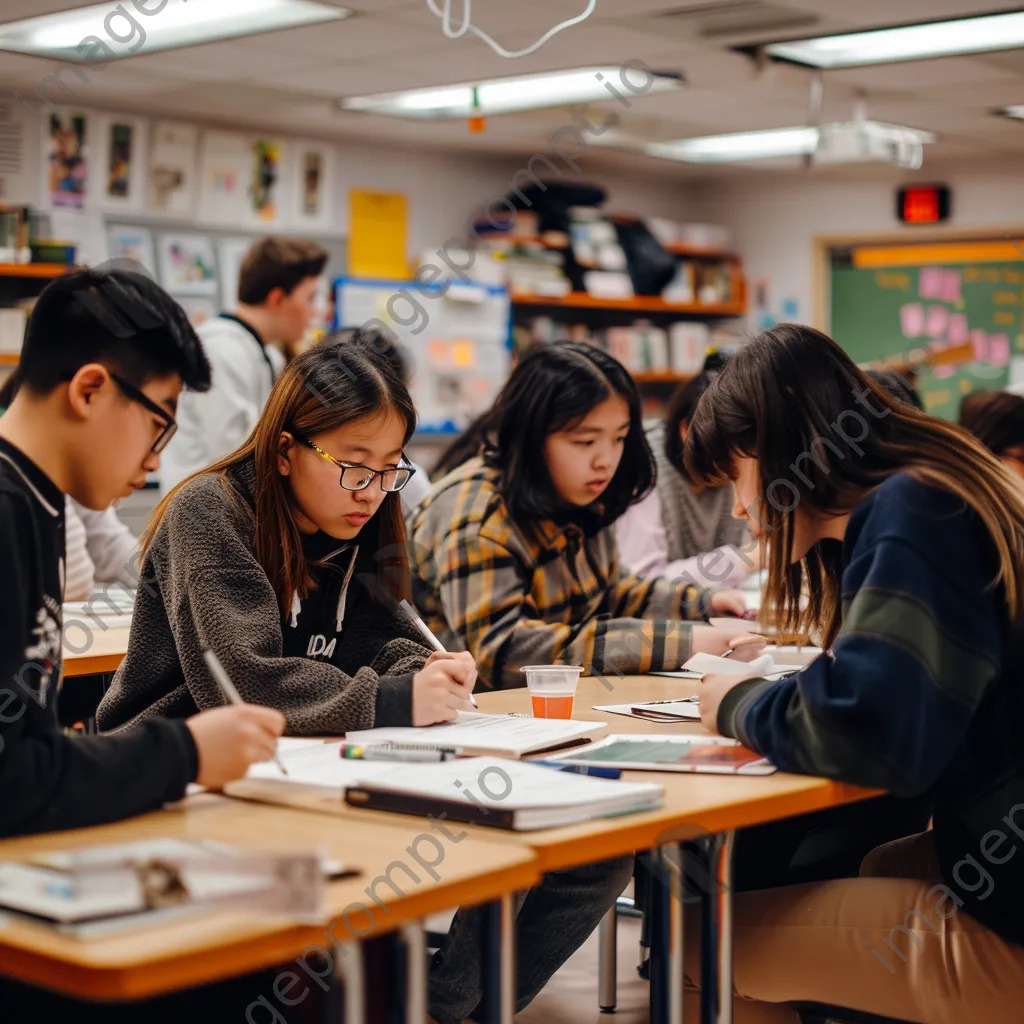 Students collaborating on a group project in a classroom setting. - Image 1