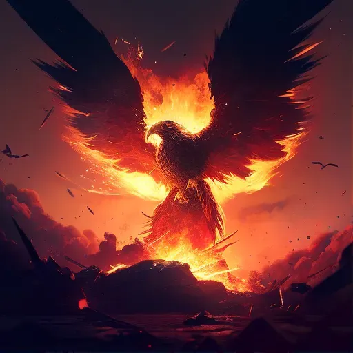 Illustration of a phoenix rising from ashes against a fiery sunset - Image 1