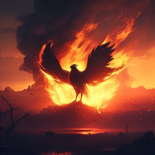 Illustration of a phoenix rising from ashes against a fiery sunset - Image 2