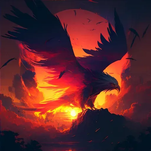 Illustration of a phoenix rising from ashes against a fiery sunset - Image 4