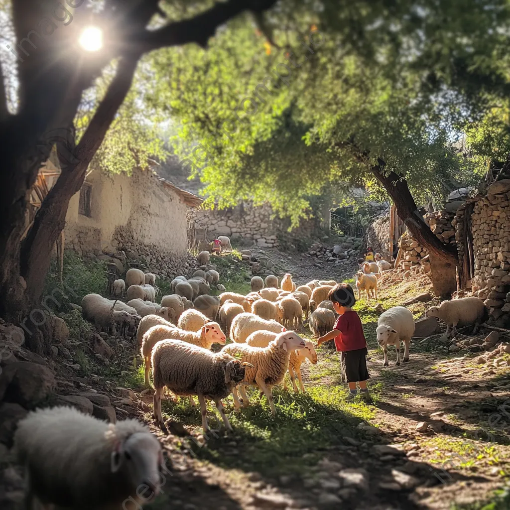 Child joyfully feeding sheep with a shepherd on a sunny day - Image 1