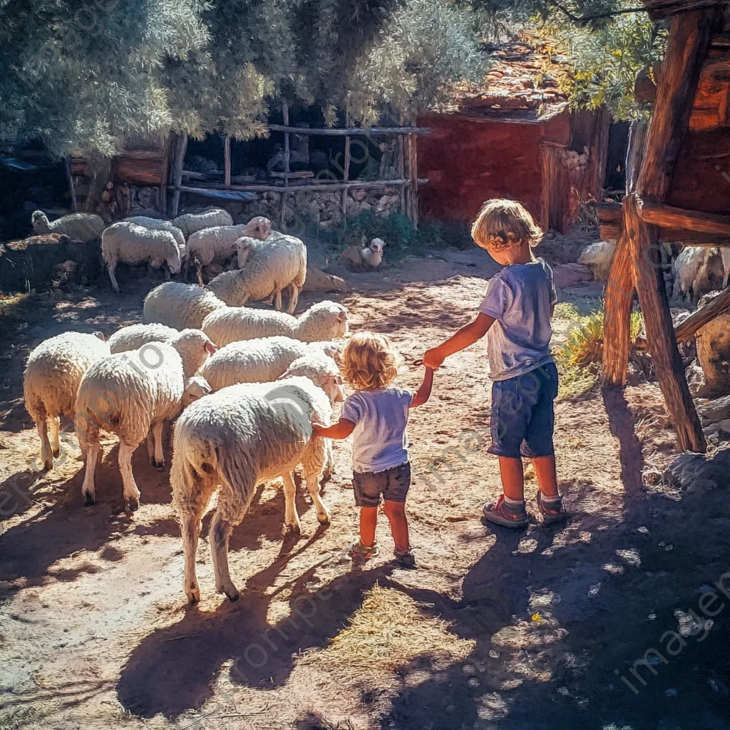 Child joyfully feeding sheep with a shepherd on a sunny day - Image 2