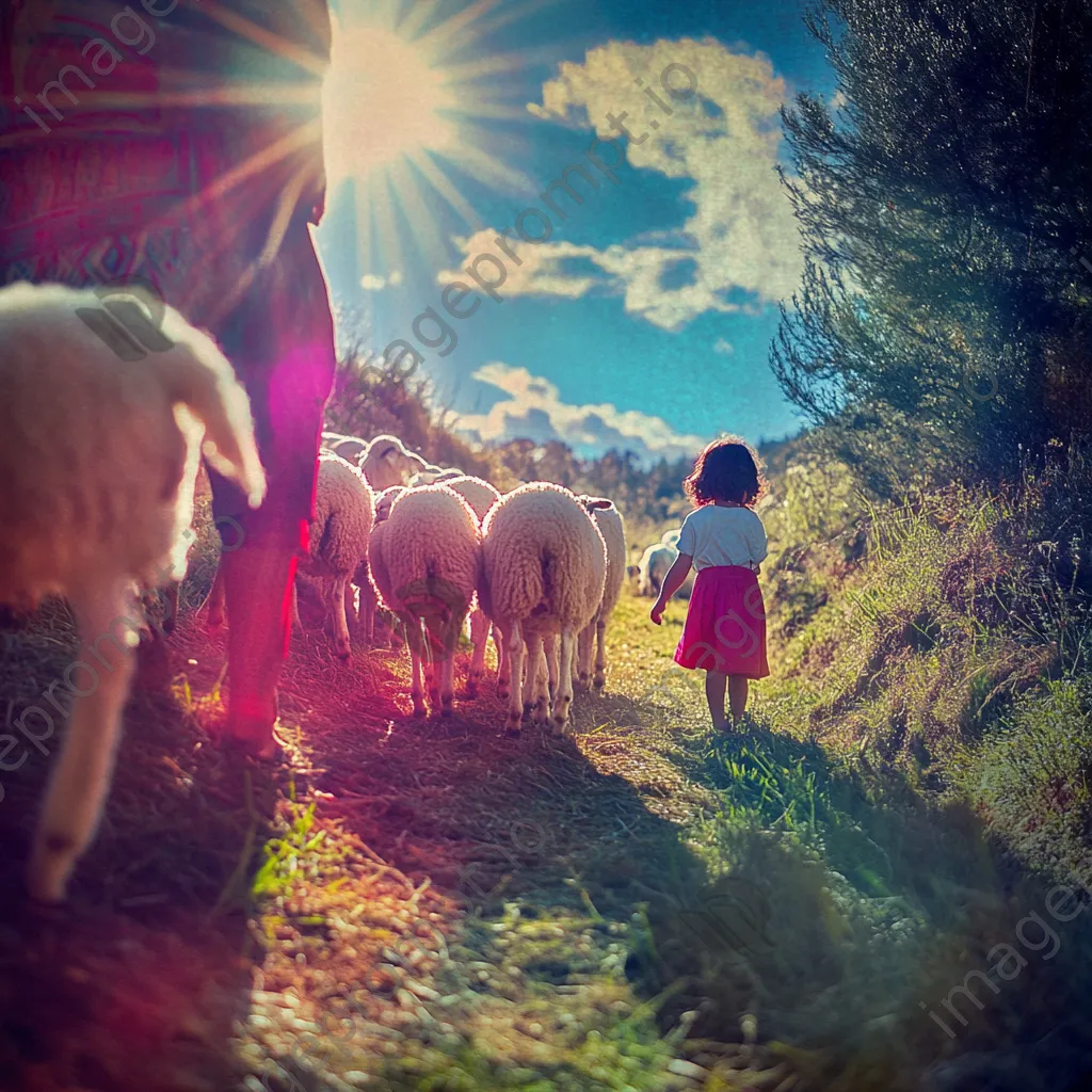 Child joyfully feeding sheep with a shepherd on a sunny day - Image 4