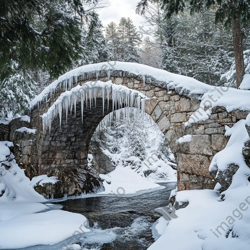 Stone bridge with snow and icicles in winter - Image 1