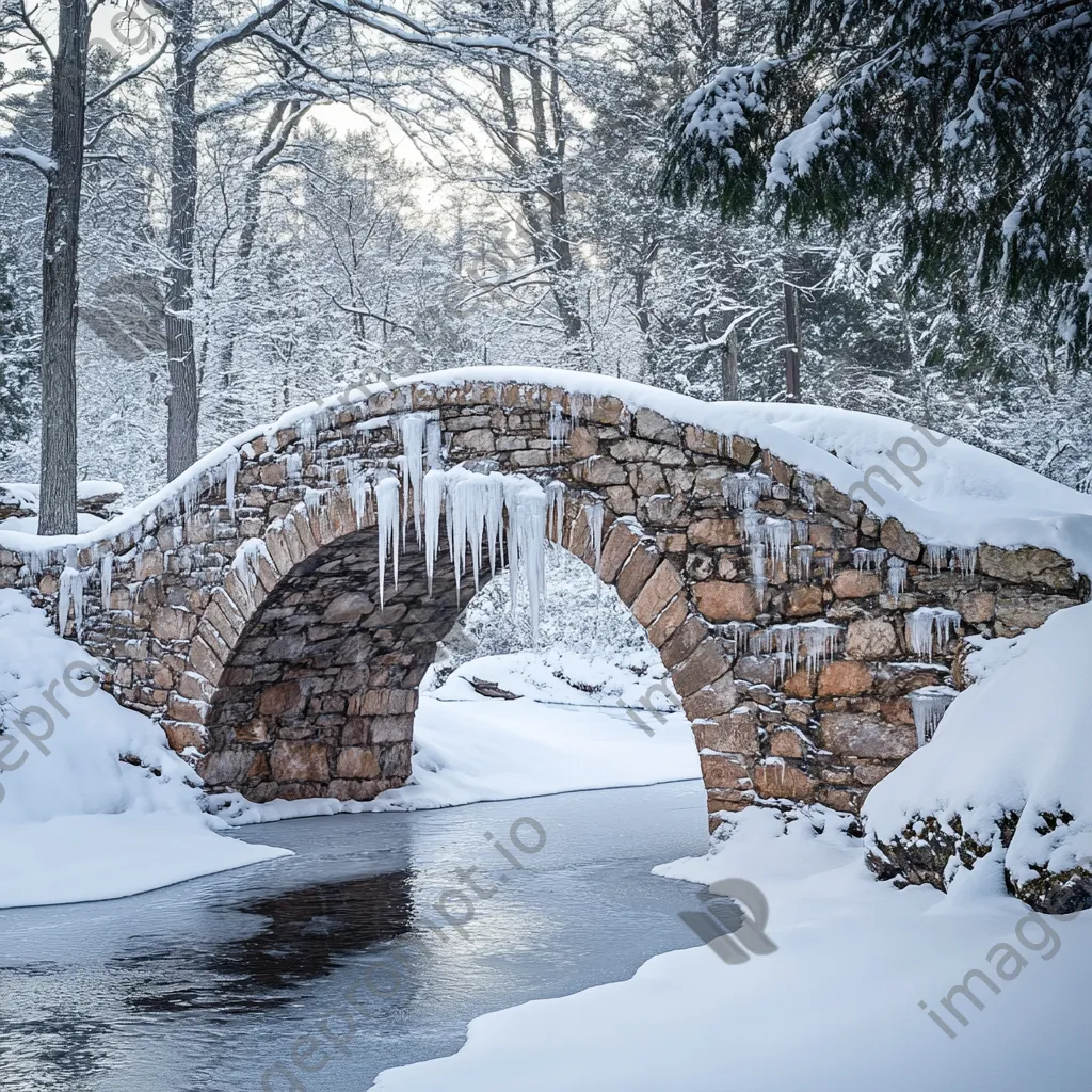 Stone bridge with snow and icicles in winter - Image 2