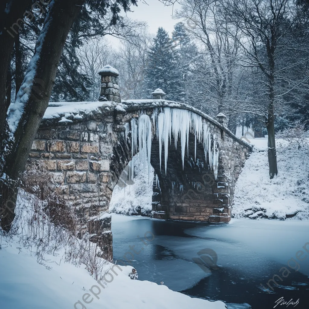 Stone bridge with snow and icicles in winter - Image 3