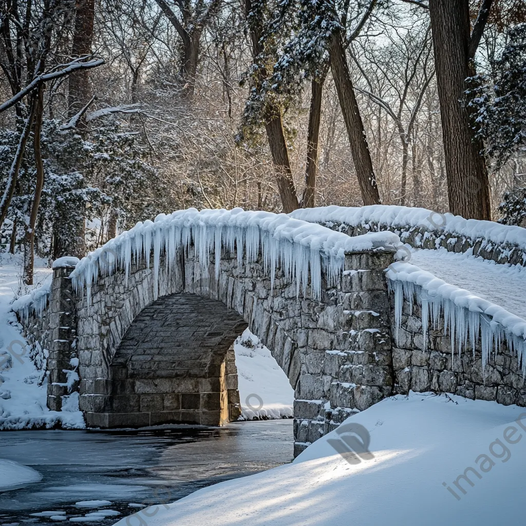 Stone bridge with snow and icicles in winter - Image 4