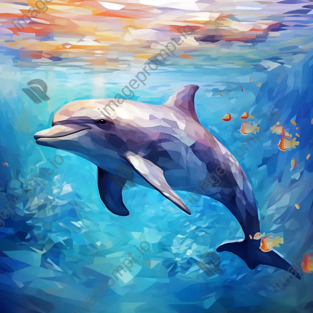 Geometric representation of dolphin underwater in low poly style with various shades of oceanic blues - Image 1