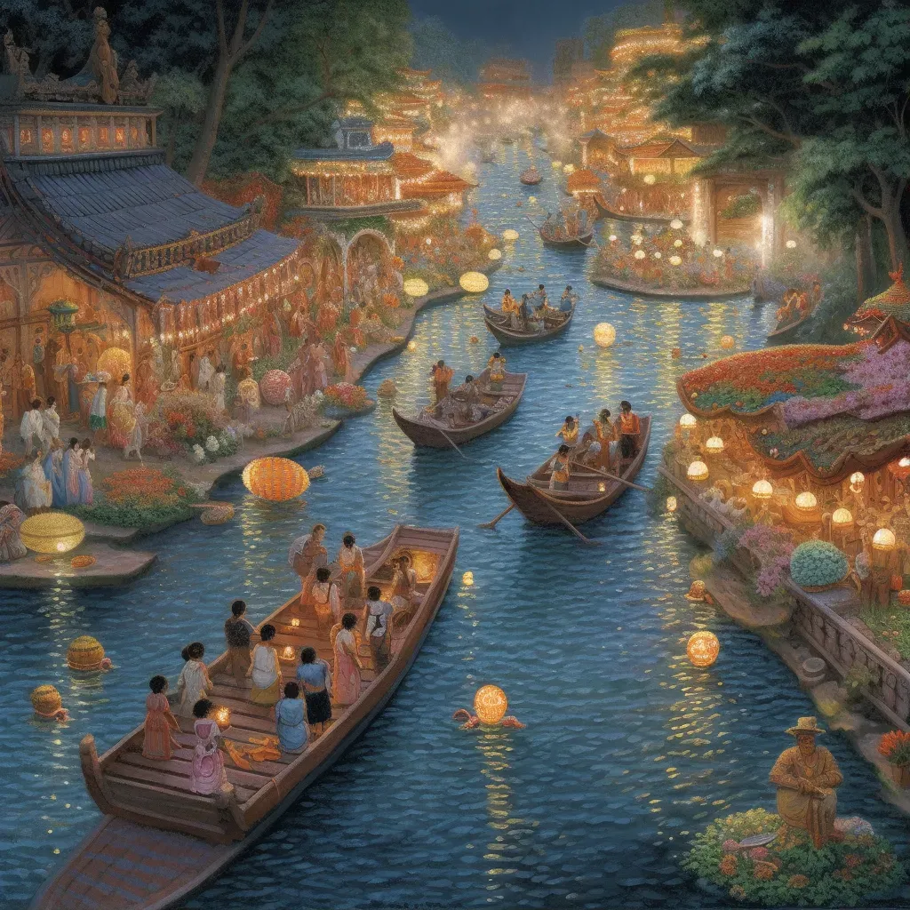 Loi Krathong Festival in Thailand - People releasing decorated baskets onto a river - Image 1