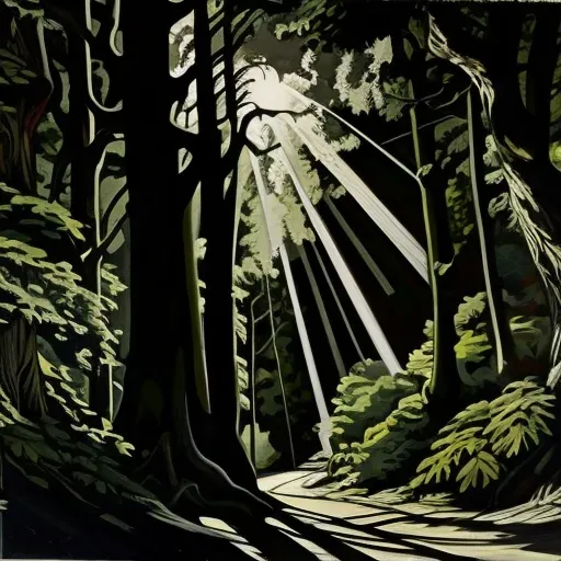 Dense, dark forest with a single beam of sunlight breaking through the canopy - Image 1