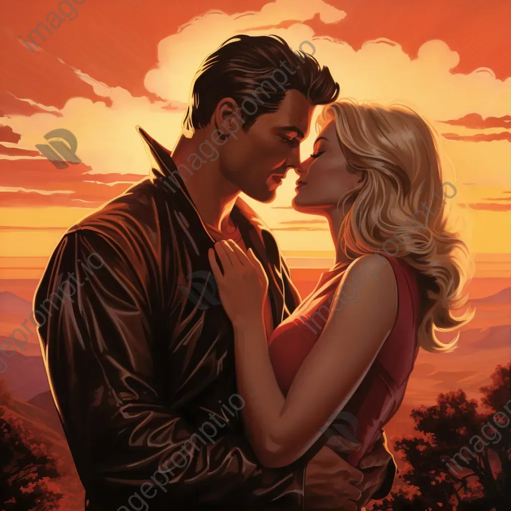 Romantic acrylic painting of two superheroes under a glowing sunset - Image 1