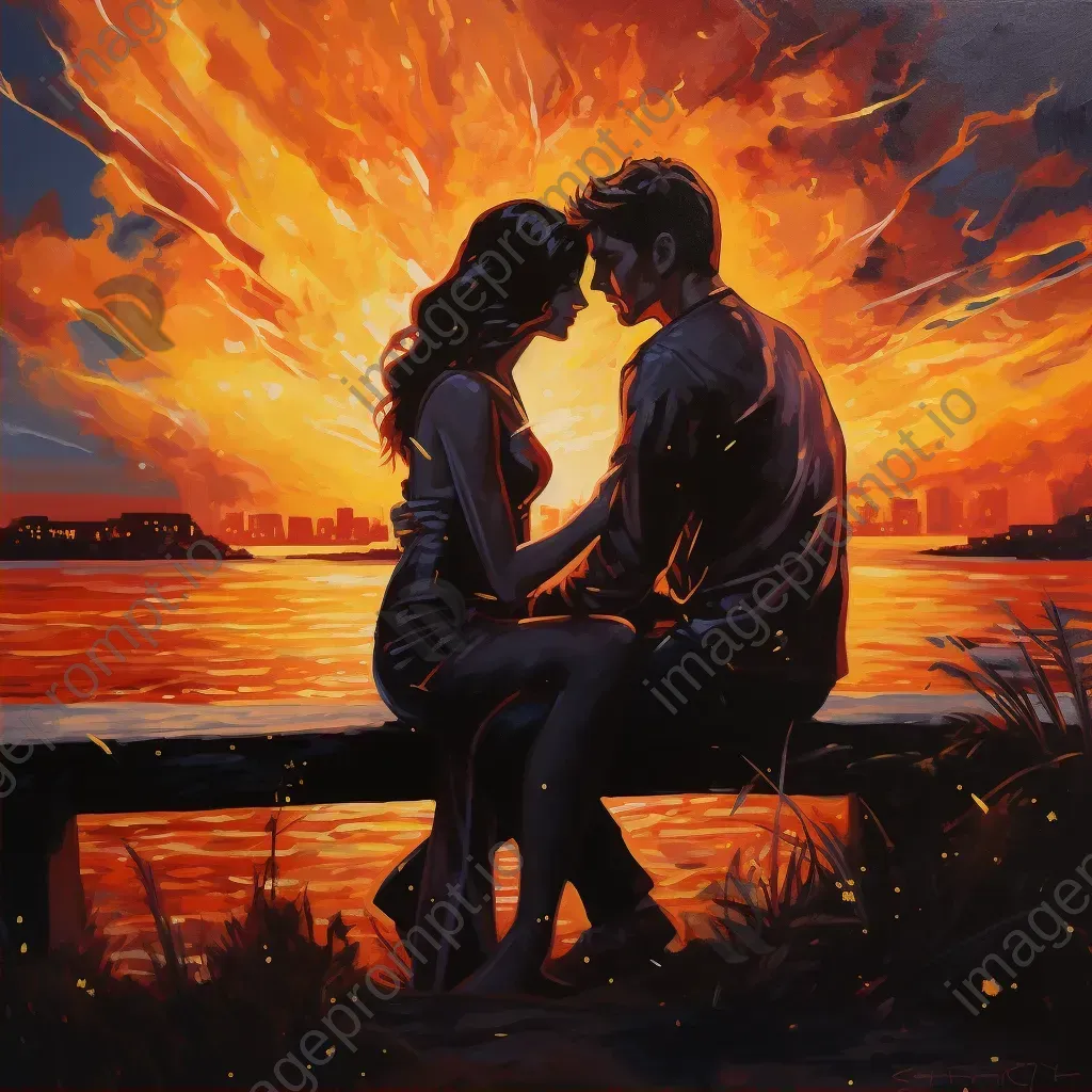 Romantic acrylic painting of two superheroes under a glowing sunset - Image 2