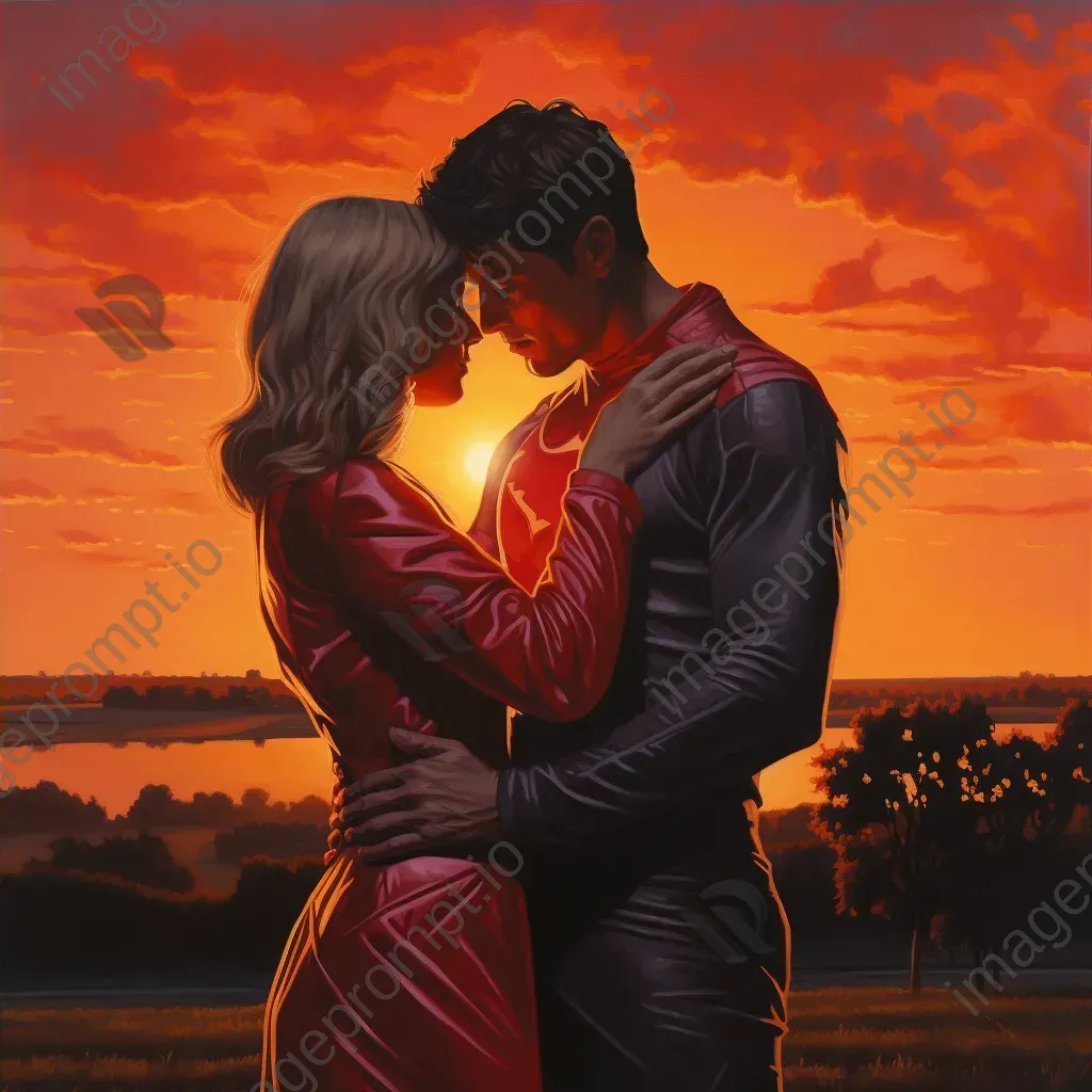 Romantic acrylic painting of two superheroes under a glowing sunset - Image 4