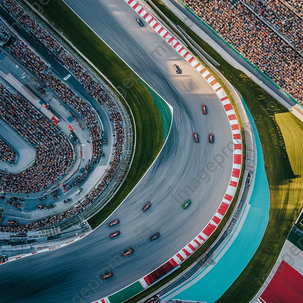 Aerial view of a Formula 1 track with racing cars and fans - Image 1