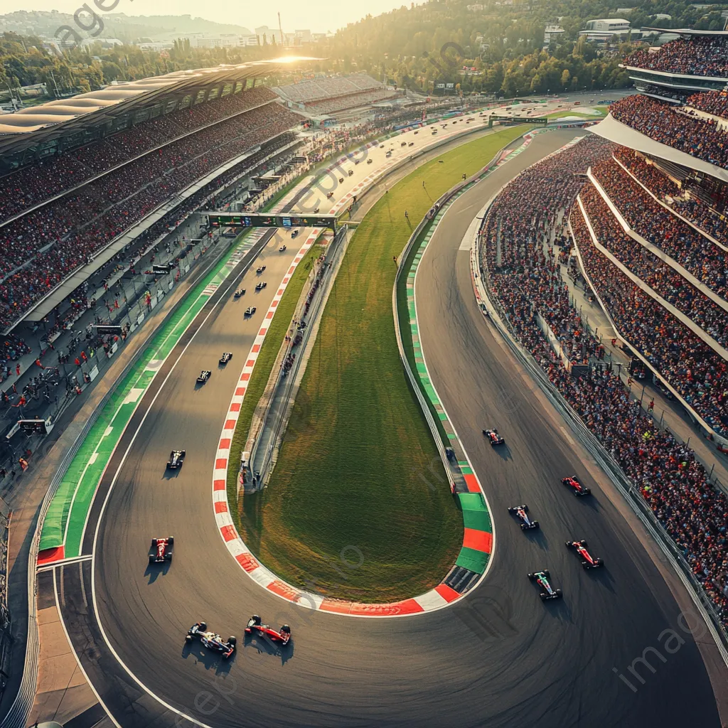 Aerial view of a Formula 1 track with racing cars and fans - Image 2