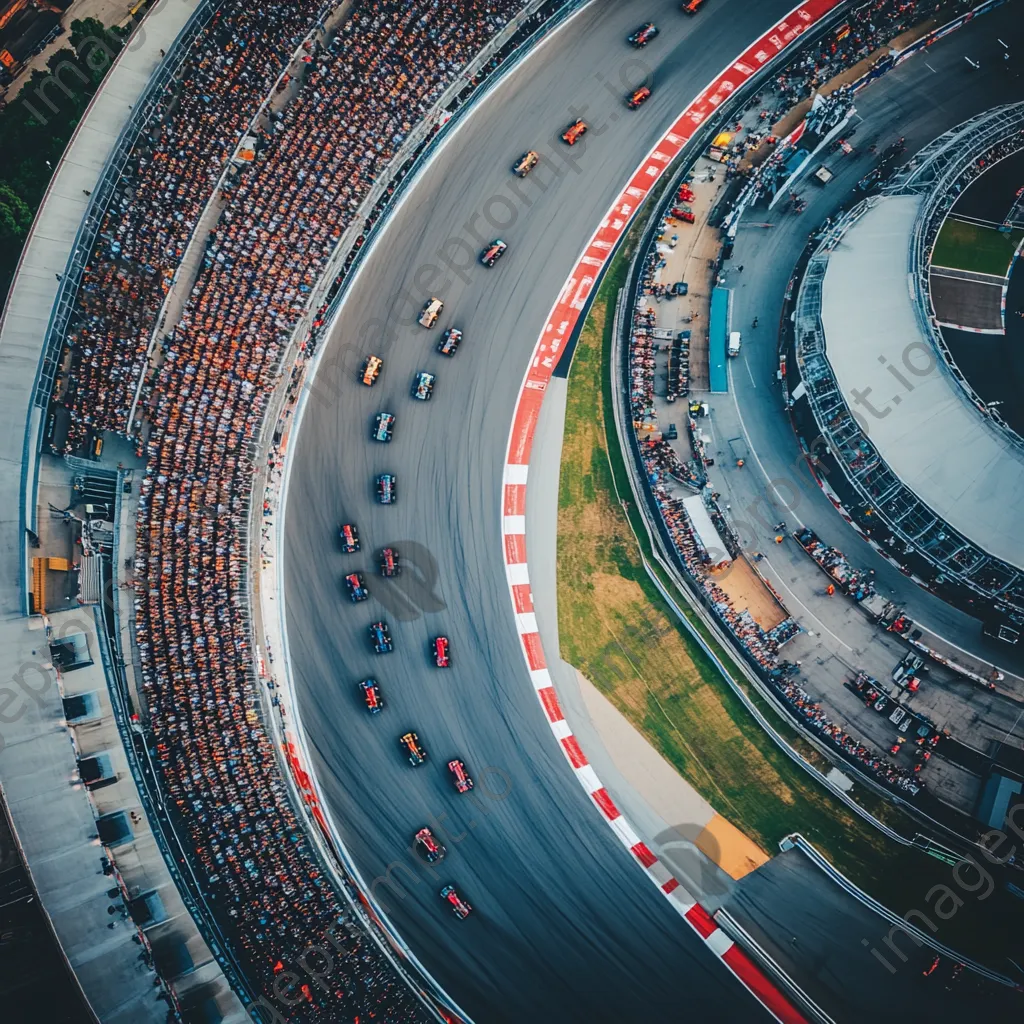 Aerial view of a Formula 1 track with racing cars and fans - Image 3