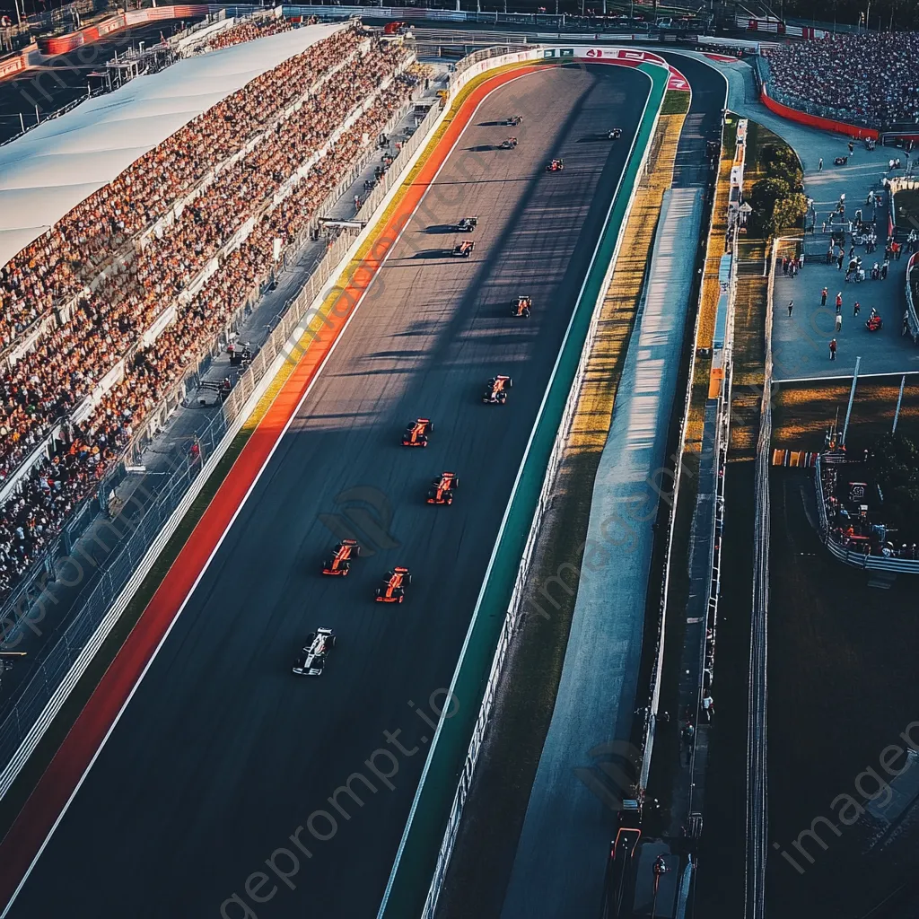 Aerial view of a Formula 1 track with racing cars and fans - Image 4