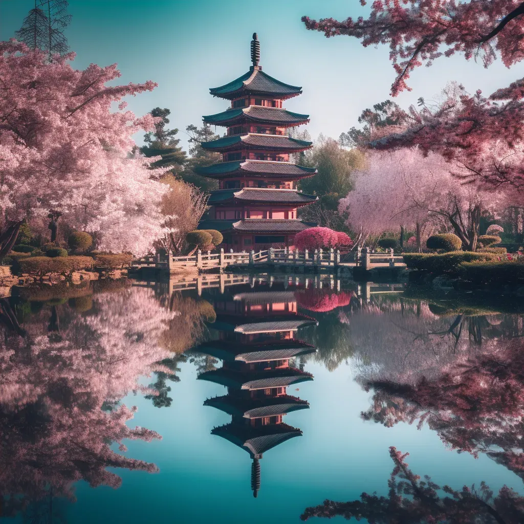 Ancient Chinese pagoda surrounded by cherry blossoms - Image 4