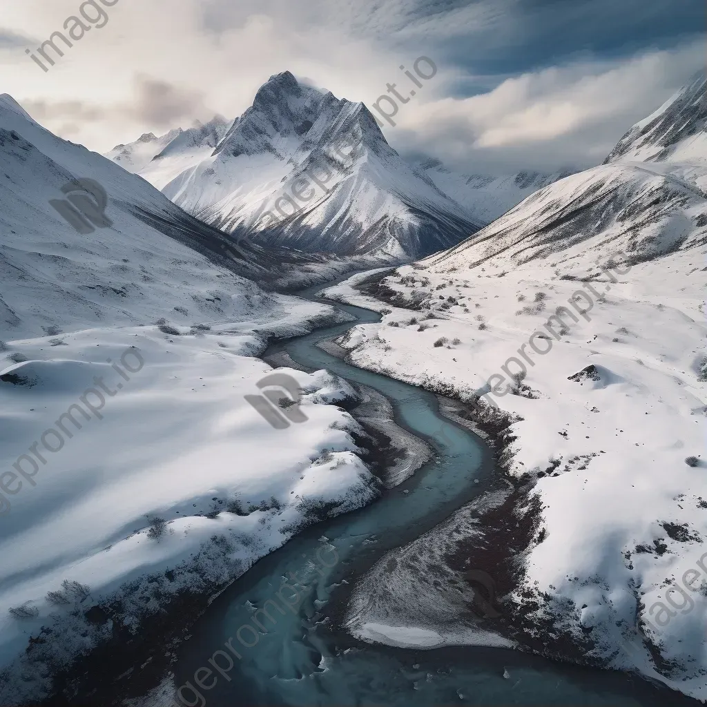 Aerial view of snow-covered mountain peak with winding river below - Image 1