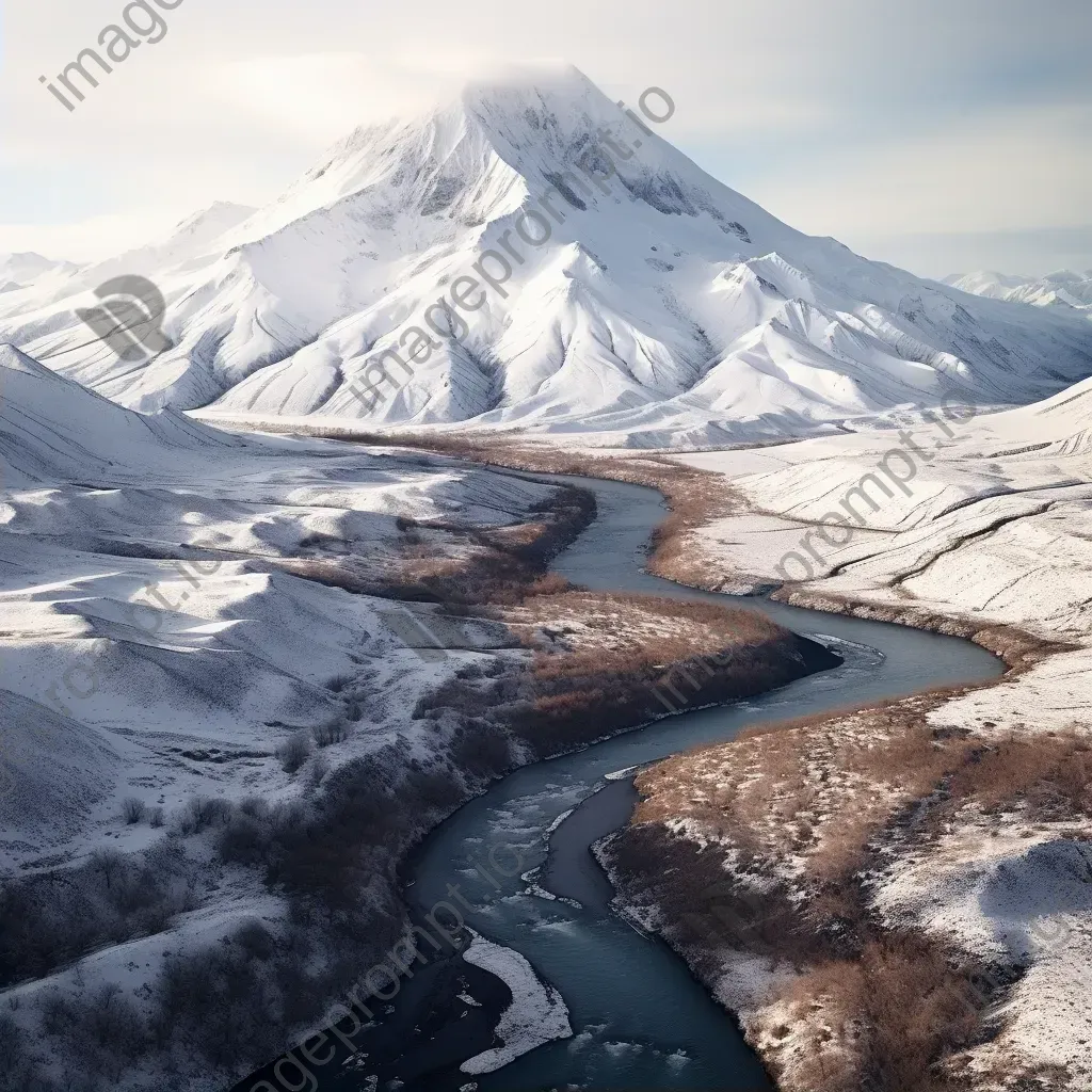 Aerial view of snow-covered mountain peak with winding river below - Image 2