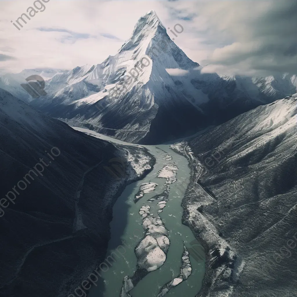 Aerial view of snow-covered mountain peak with winding river below - Image 3