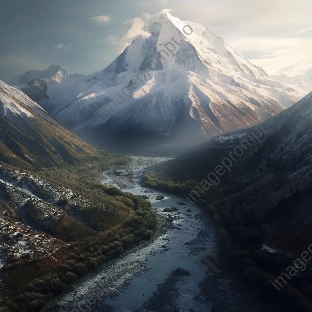 Aerial view of snow-covered mountain peak with winding river below - Image 4