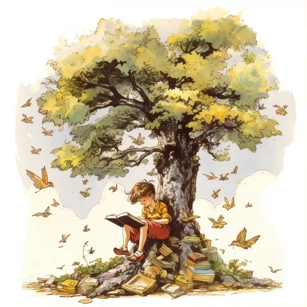 Girl reading under a tree with book pages turning into birds - Image 1