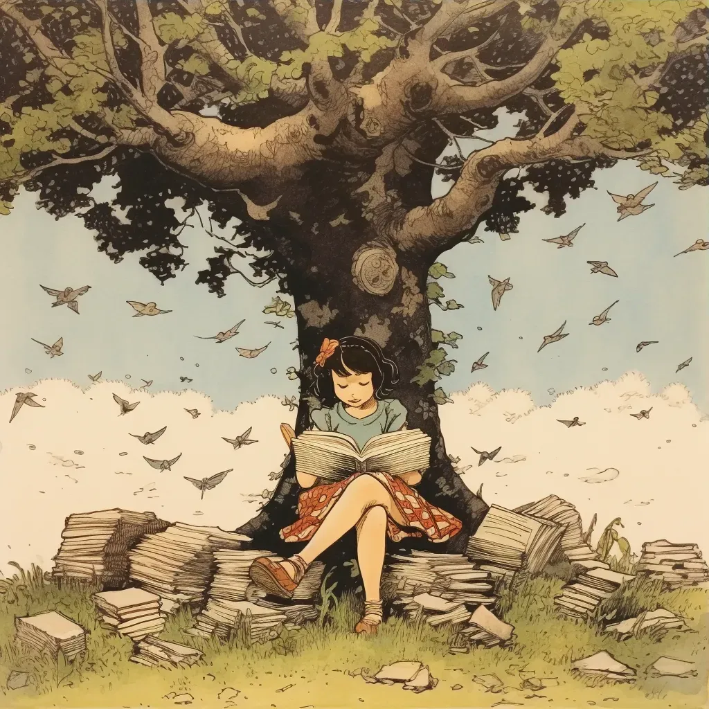 Girl reading under a tree with book pages turning into birds - Image 3