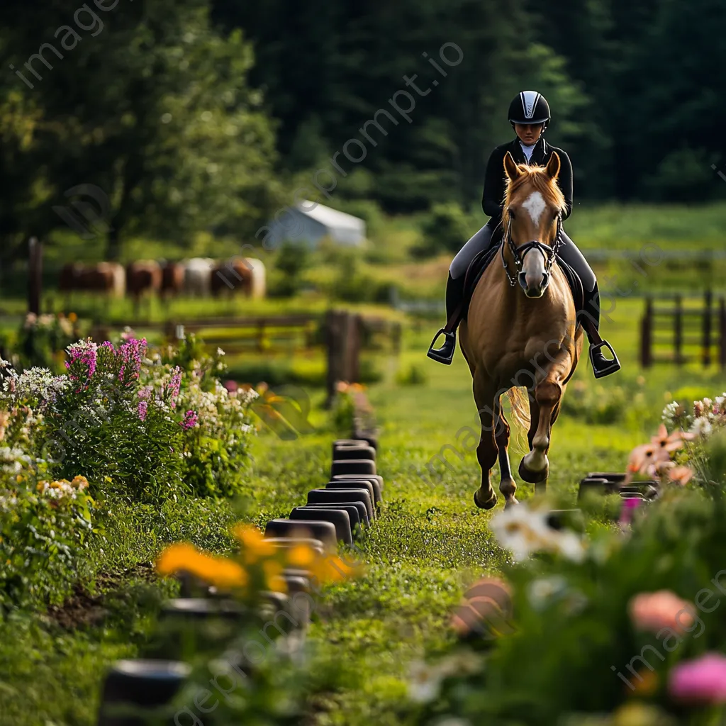 Trainer leading horse through obstacle course in a green field. - Image 1