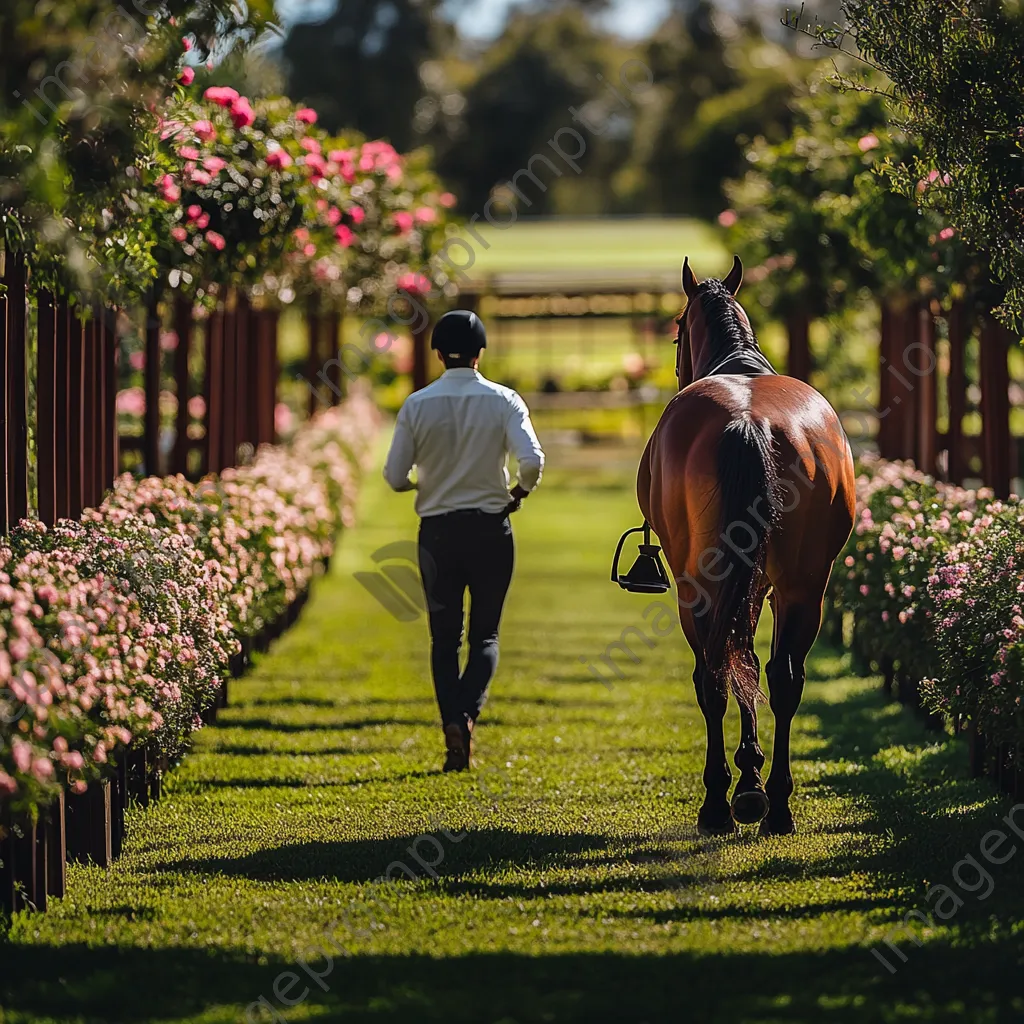 Trainer leading horse through obstacle course in a green field. - Image 2