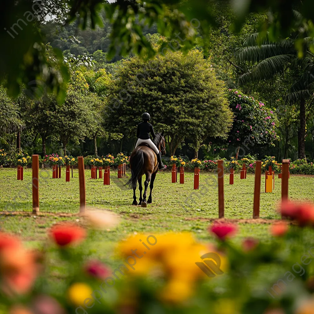 Trainer leading horse through obstacle course in a green field. - Image 3