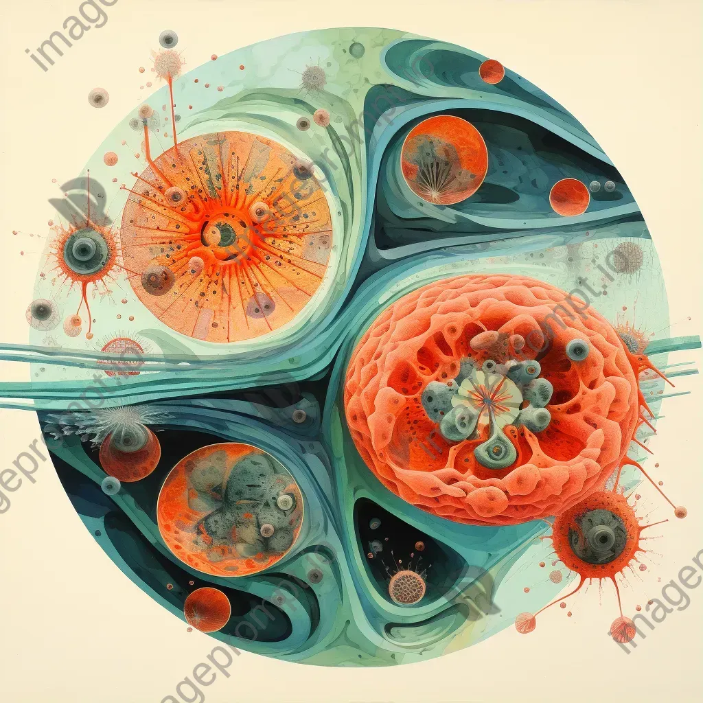 Mixed media collage depicting the biology of a cell with floating organelles in cytoplasm - Image 1