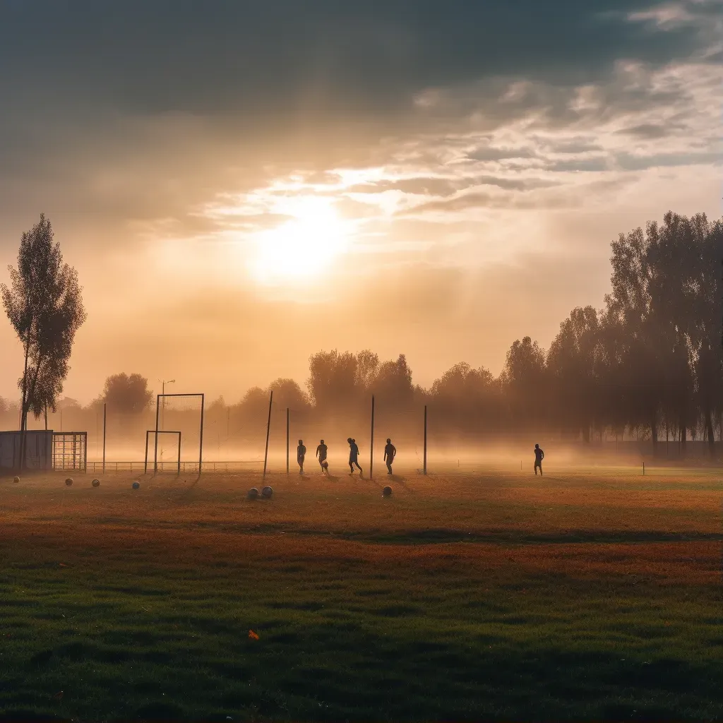 Soccer training ground at dawn with players - Image 1