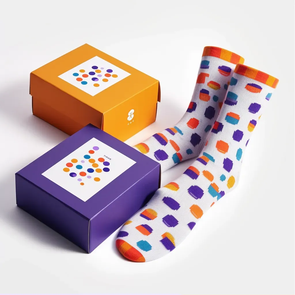 Logo for a vibrant sock brand featuring a pair of socks in orange and purple colors - Image 1