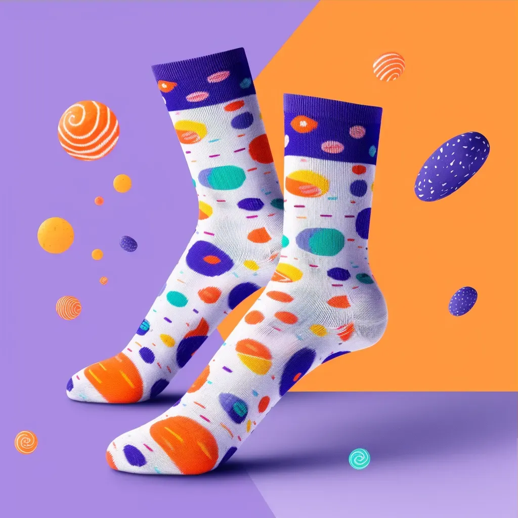 Logo for a vibrant sock brand featuring a pair of socks in orange and purple colors - Image 3