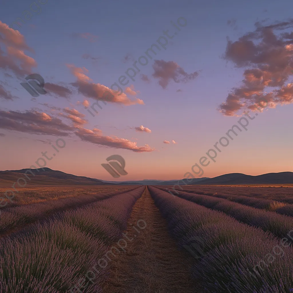 Sunset illuminating lavender fields with pink and gold hues. - Image 1