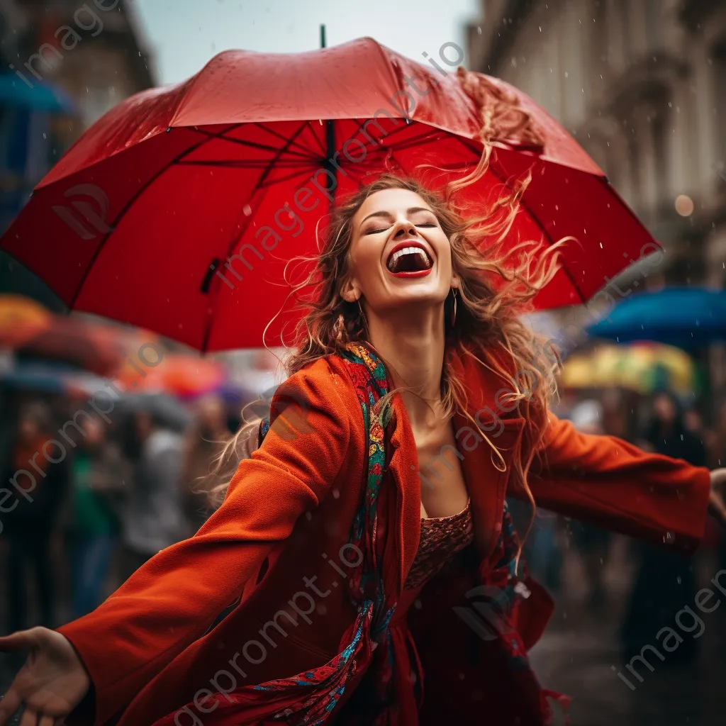 Woman dancing in the rain with a colorful umbrella - Image 1