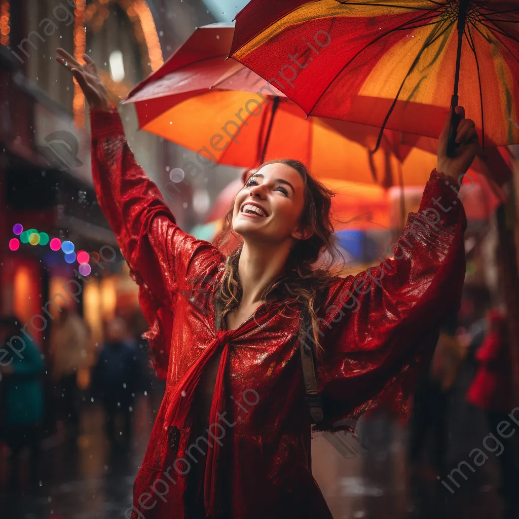 Woman dancing in the rain with a colorful umbrella - Image 2